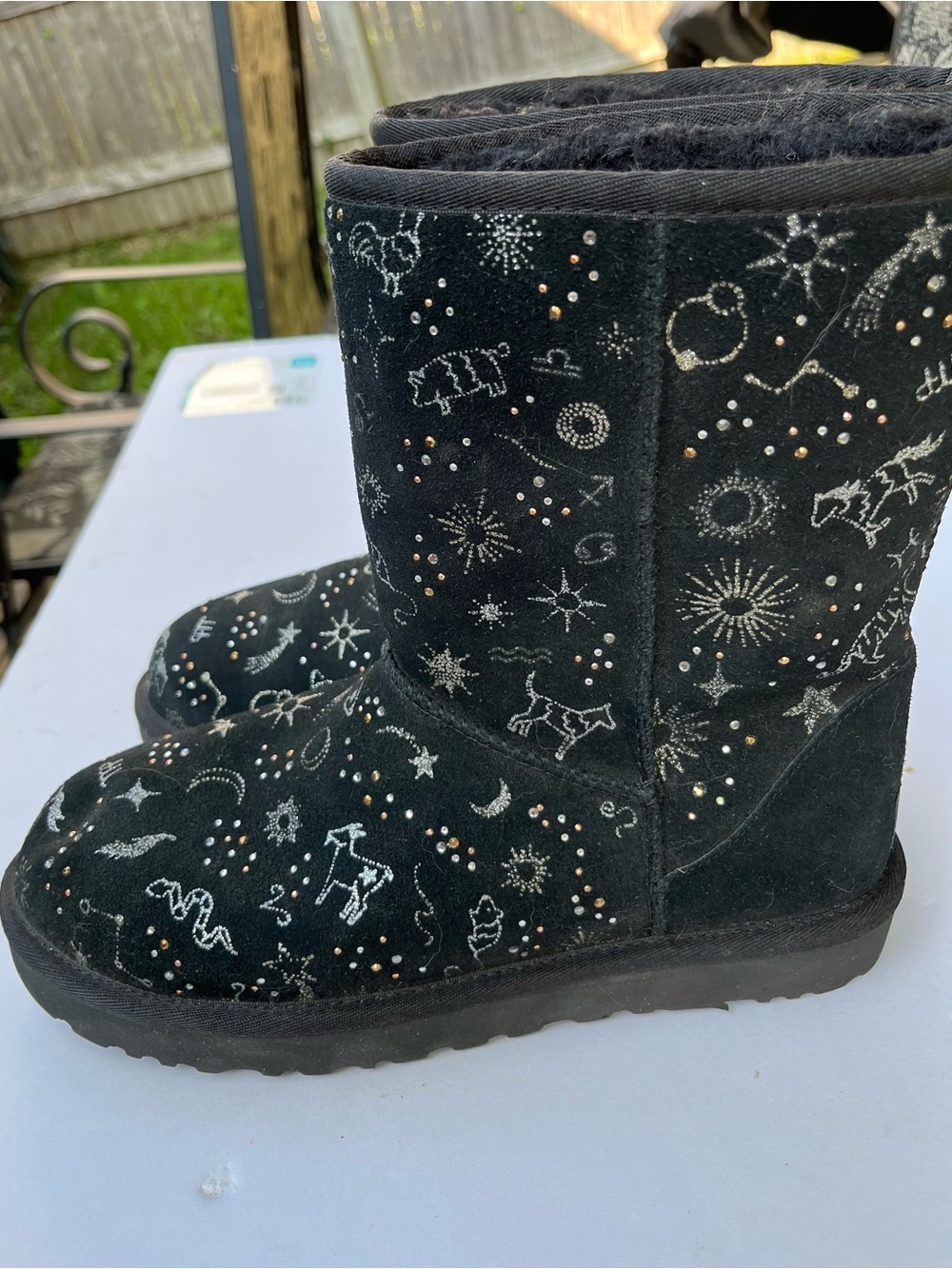 UGG Classic Short Zodiac Black Suede Celestial Constellation Boots Womens 9